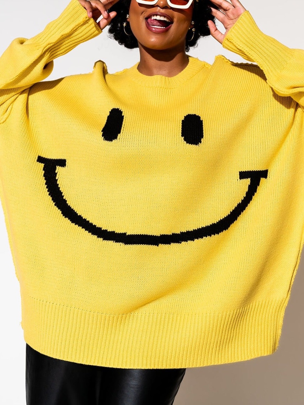 Dress In Lala Seratonin Smiley Face Oversized Knit Yellow Sweater L XL
